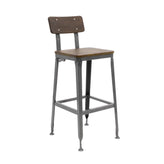 Gunmetal Steel Industrial Bar Stool with Elmwood Back and Seat in Walnut Finish