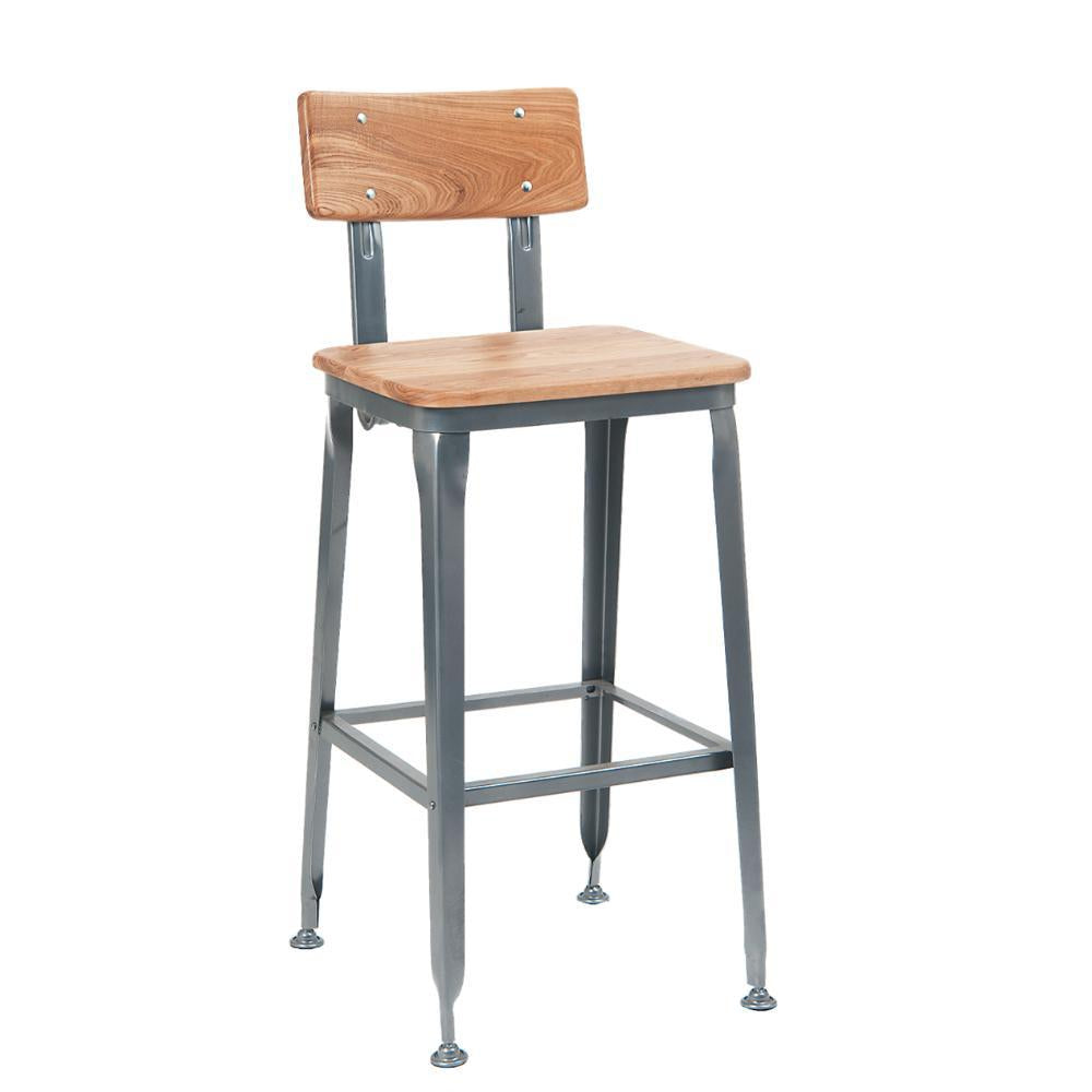 indoor steel barstool with elm wood back and seat walnut and gunmetal