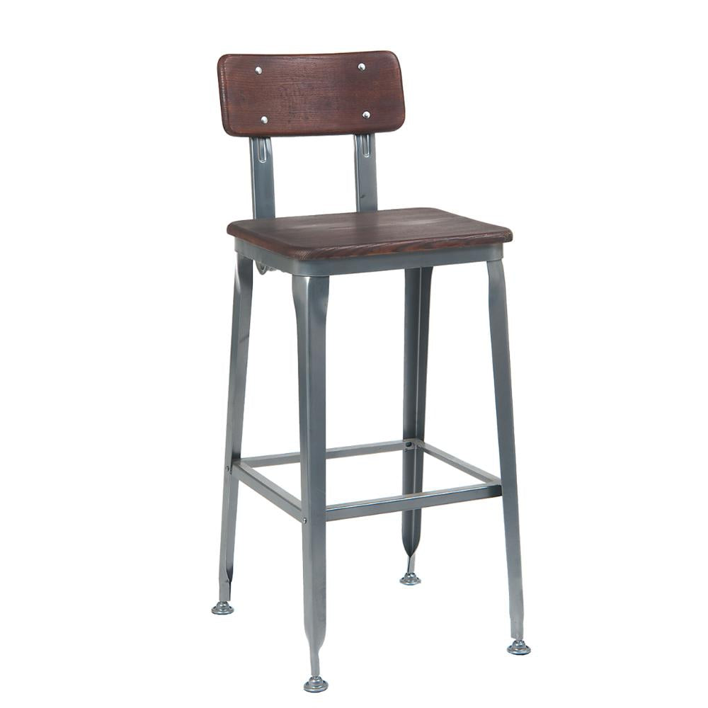 indoor steel barstool with elm wood back and seat walnut and gunmetal