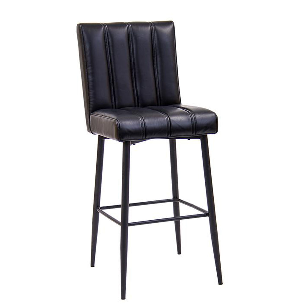 indoor metal bar stool with pleated black vinyl back seat