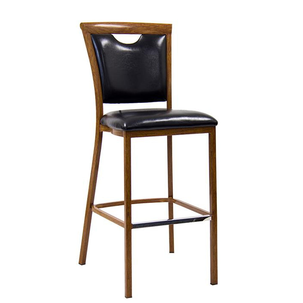 indoor wood grain metal barstool in walnut finish