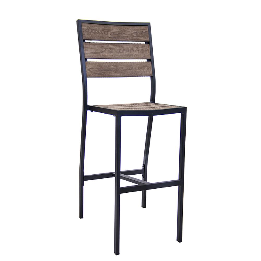 black aluminum barstool with imitation teak slats seat and back