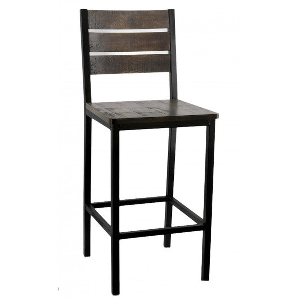 Distressed Slat Back Wood Bar Stool with Black Metal Frame