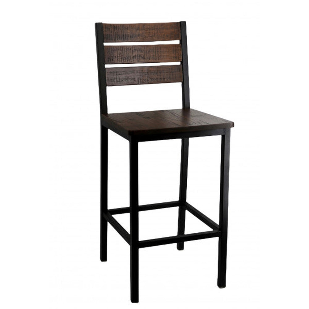 Distressed Slat Back Wood Bar Stool with Black Metal Frame