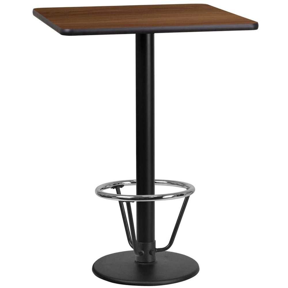 24 inch x 42 inch rectangular laminate table top with 23 5 inch x 29 5 inch bar height table base and ft ring