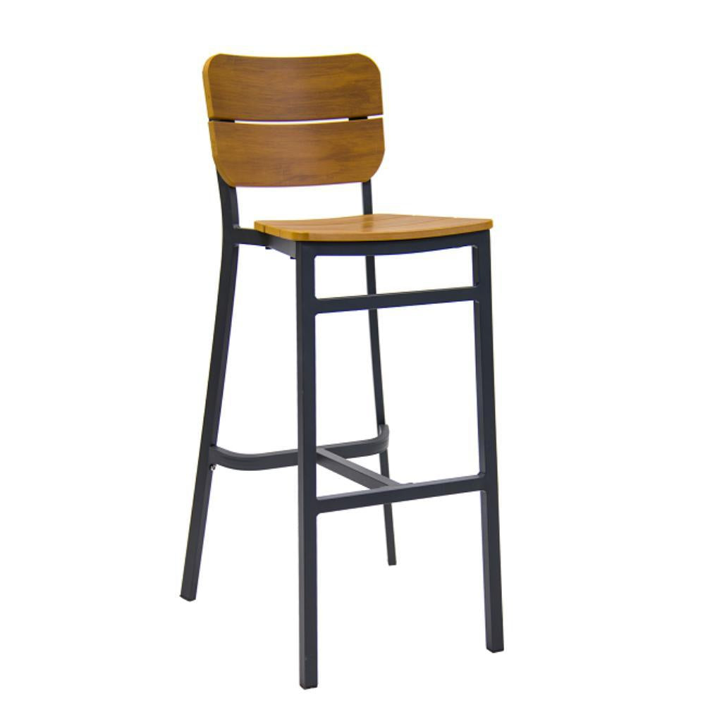 outdoor aluminum barstool with dark grey finish frame imitation teak seat and back