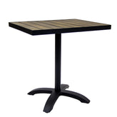 black aluminum patio table with imitation teak slat top