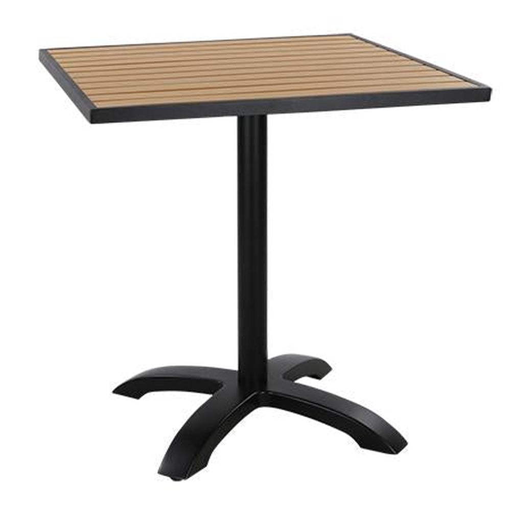 aluminum patio table in black finish with imitation teak slats top