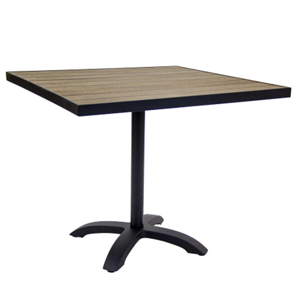 black aluminum patio table with imitation teak slat top