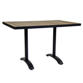 black aluminum patio table with imitation teak slat top