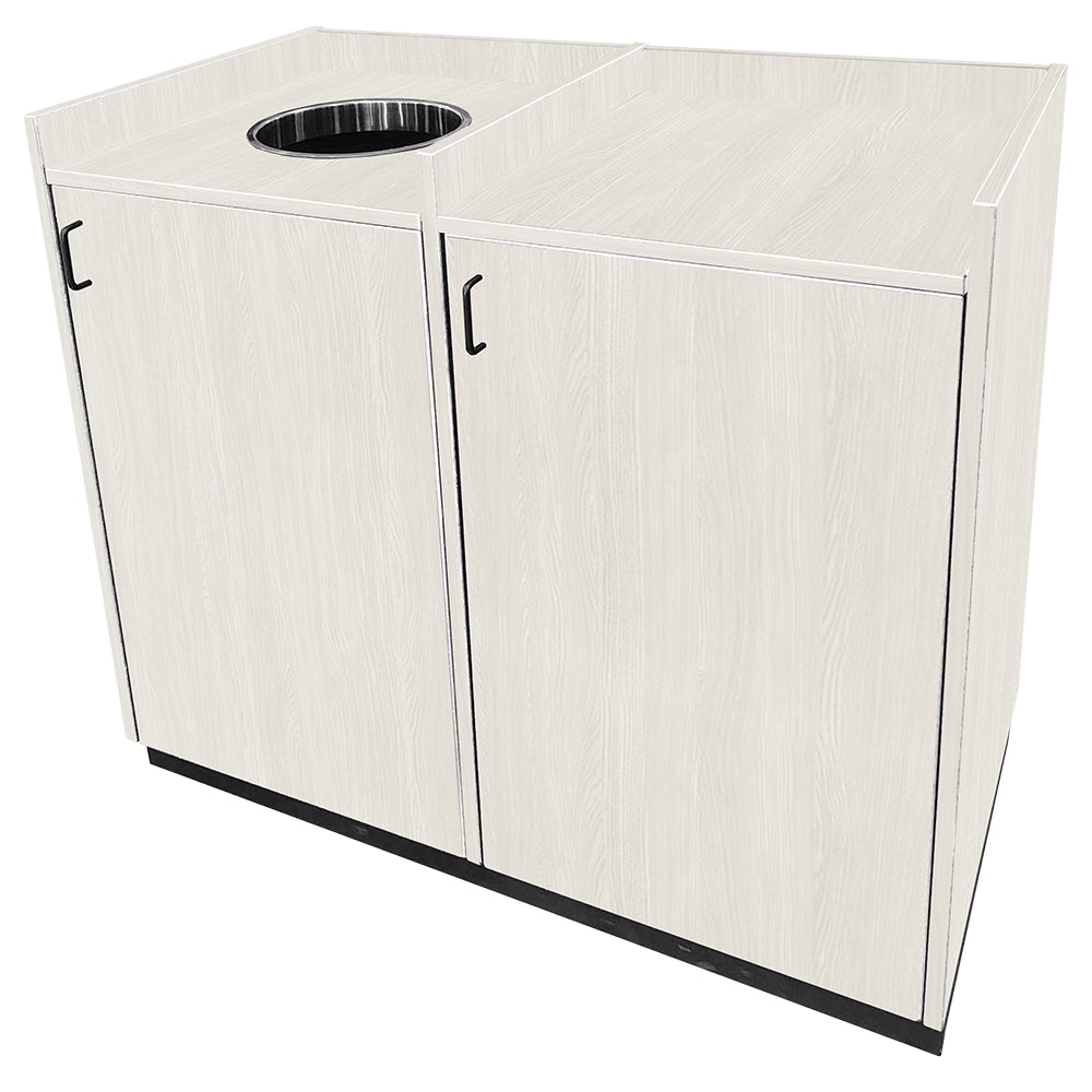 Trash Receptacles with Storage Bay and Waste Drop Off Hole