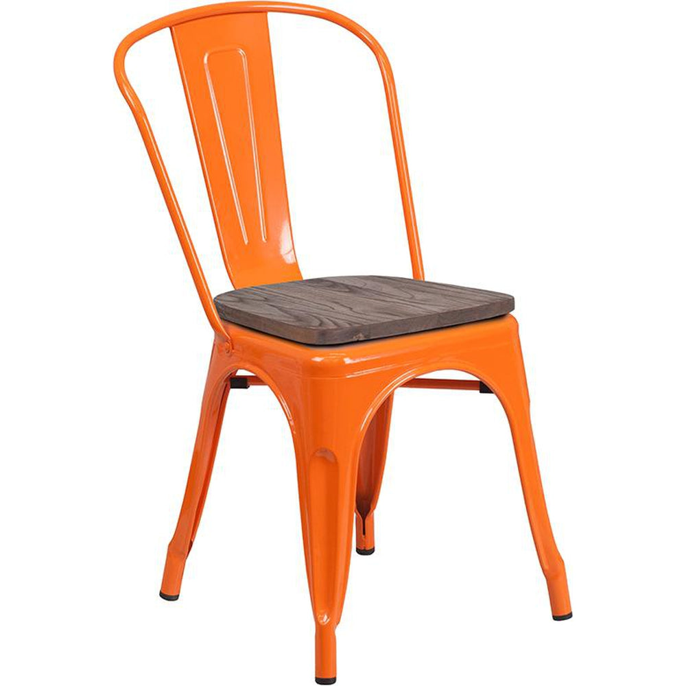 Tolix Stackable Chair with Wood Seat - Orange