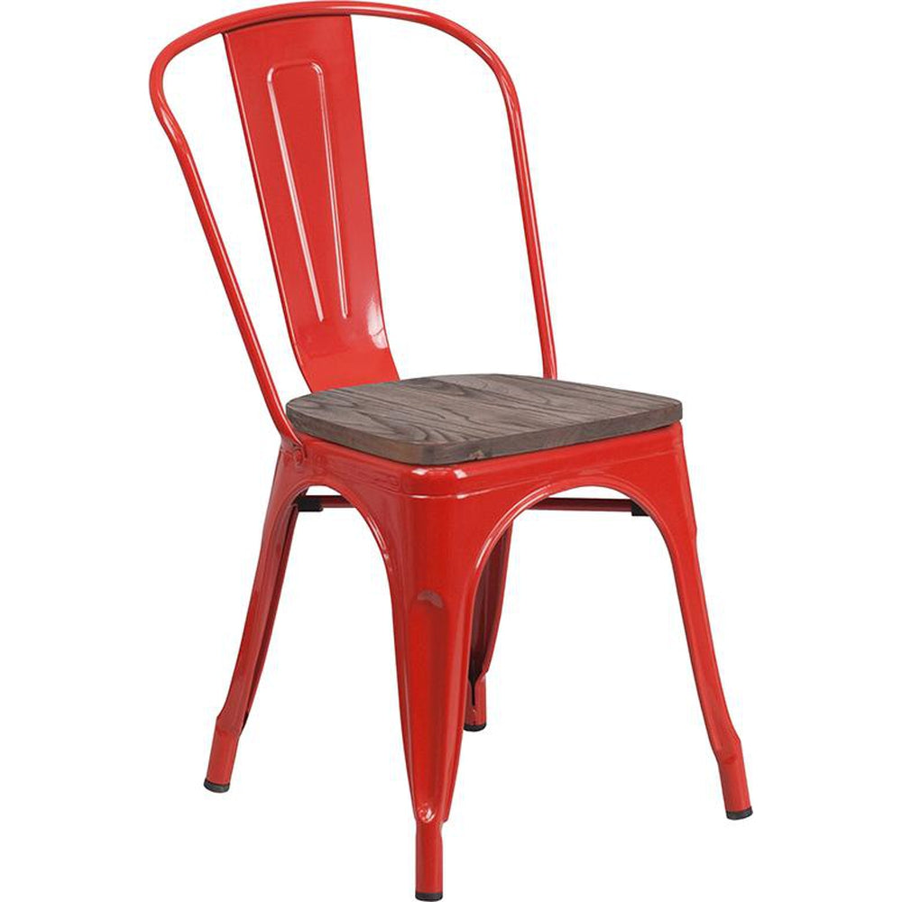 Tolix Stackable Chair with Wood Seat - Red