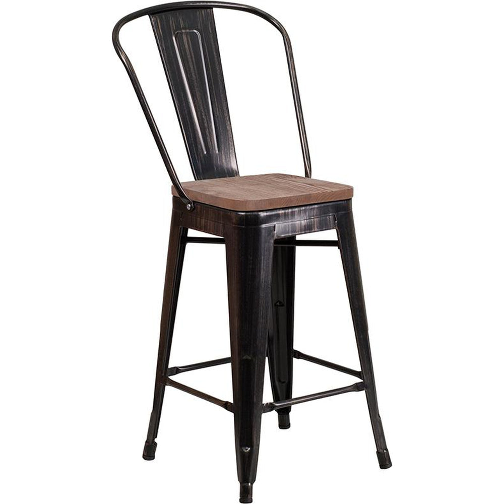 24" High Tolix Counter Height Stool with Back and Wood Seat - Black Antique Gold