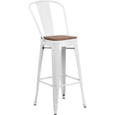 30" High Tolix Barstool with Back and Wood Seat - White