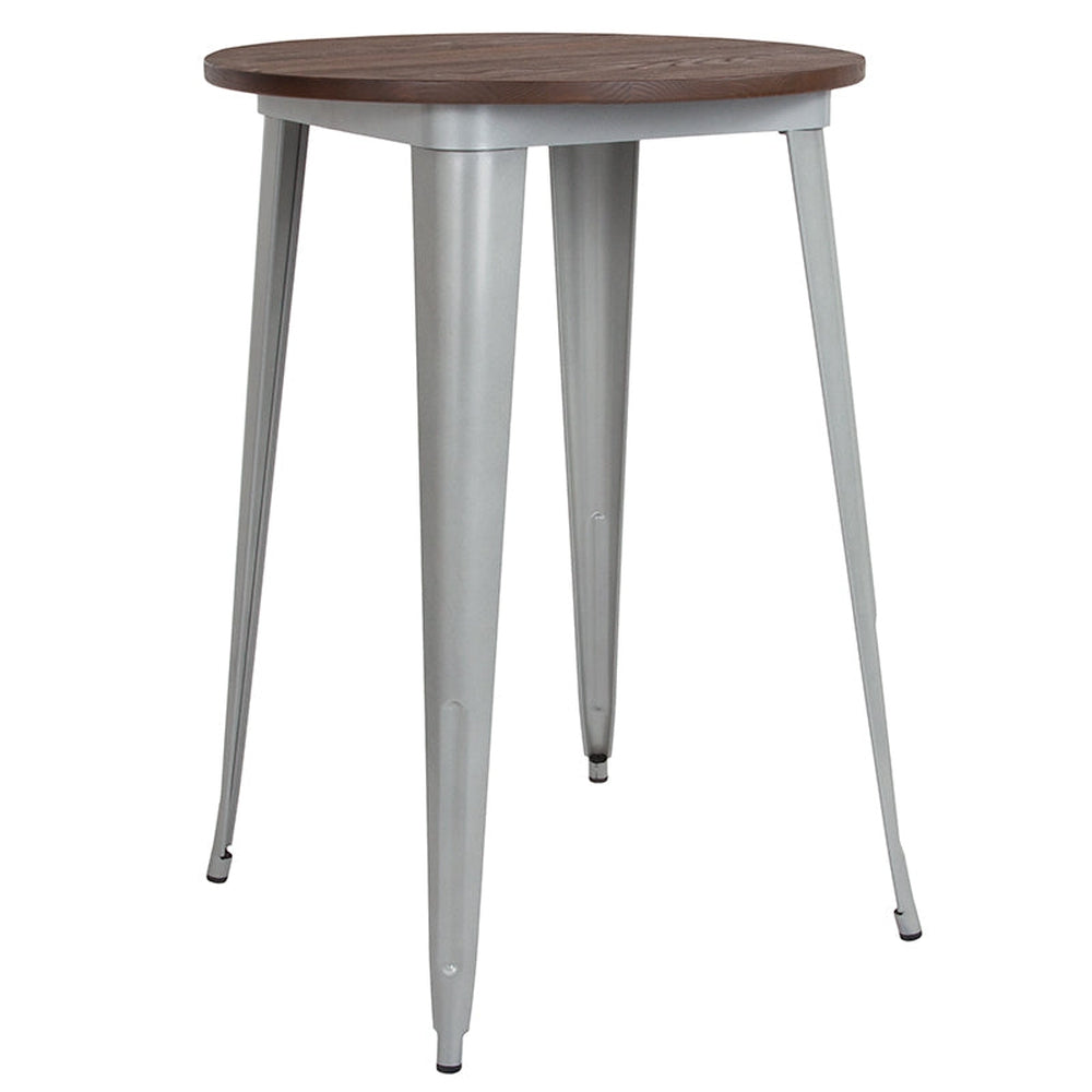 30 inch round black and gray tolix indoor bar height table with wood top