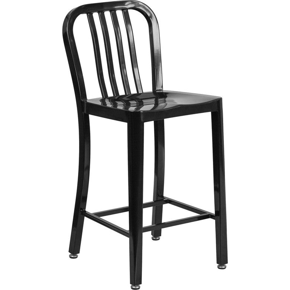 commercial cafe 24 high black metal indoor outdoor counter height stool with vertical slat back