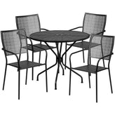 Oia 35" Round Outdoor Steel Patio Table Set with 4 Square Back Chairs