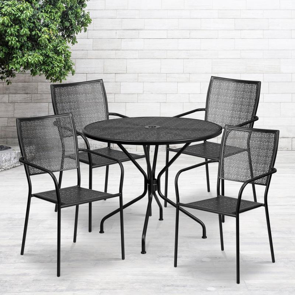 Oia 35" Round Outdoor Steel Patio Table Set with 4 Square Back Chairs