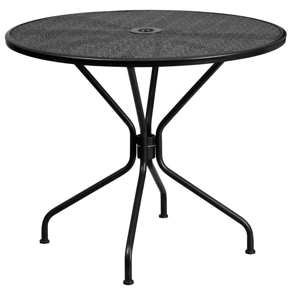 Oia 35" Round Outdoor Steel Patio Table Set with 4 Square Back Chairs