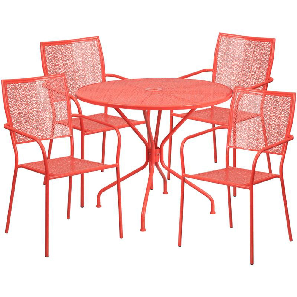 Oia 35" Round Outdoor Steel Patio Table Set with 4 Square Back Chairs