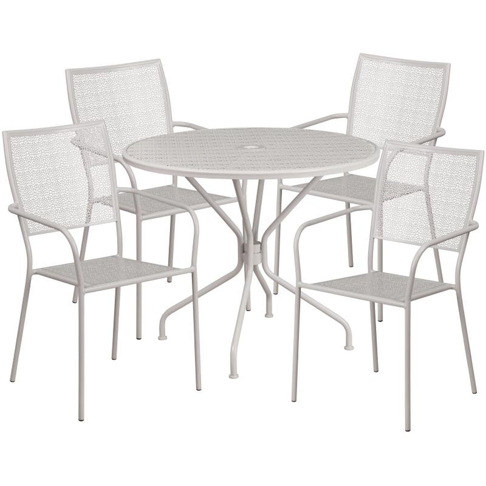 Oia 35" Round Outdoor Steel Patio Table Set with 4 Square Back Chairs