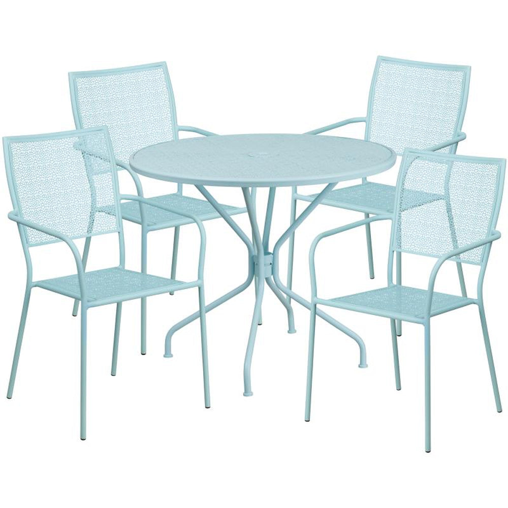 Oia 35" Round Outdoor Steel Patio Table Set with 4 Square Back Chairs