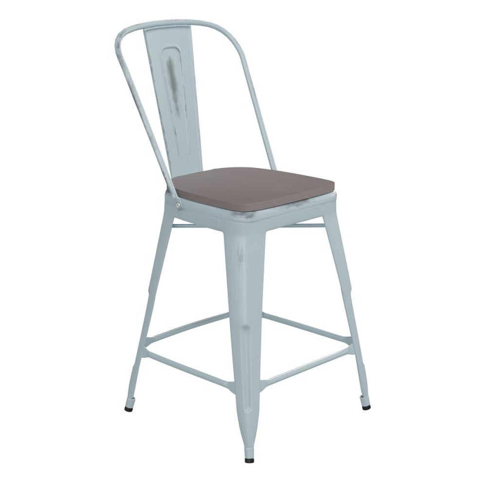 Carly 24" High Metal Counter Height Outdoor Stool with Back and Poly Resin Seat