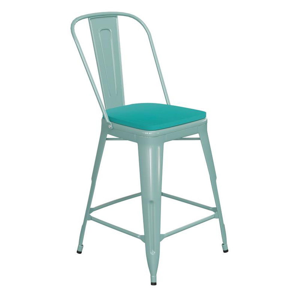 Carly 24" High Metal Counter Height Outdoor Stool with Back and Poly Resin Seat