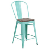 Carly 24" High Metal Counter Height Indoor Stool with Back and Wood Seat