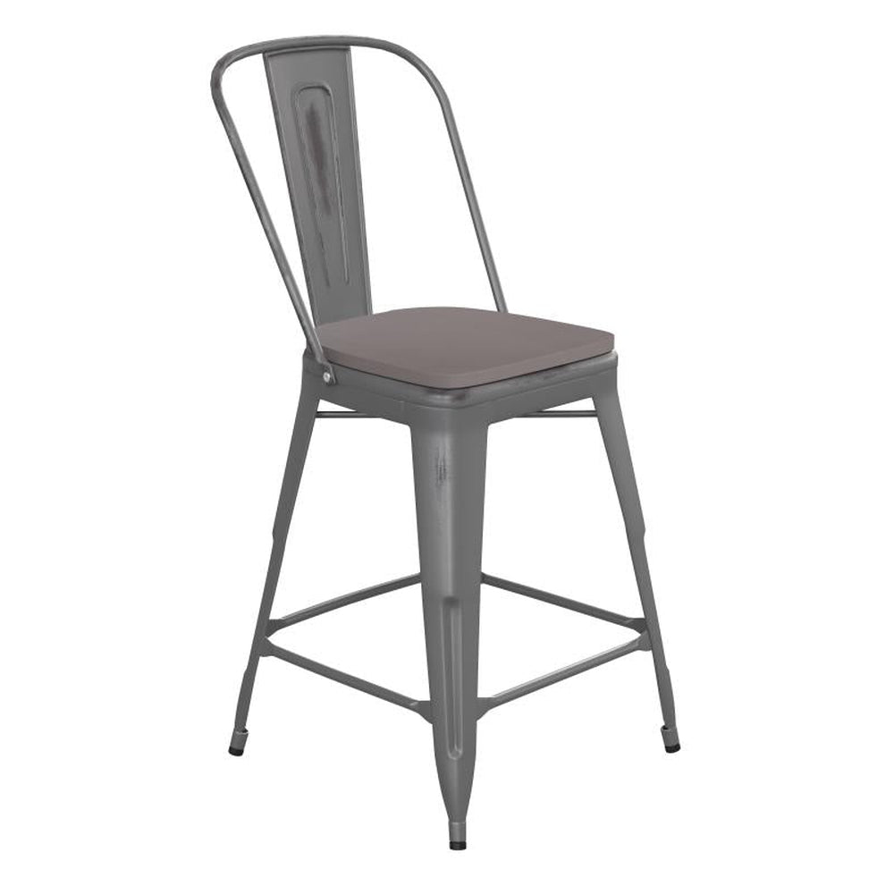 Carly 24" High Metal Counter Height Outdoor Stool with Back and Poly Resin Seat