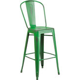 tolix style 30 high distressed yellow metal indoor outdoor barstool with back