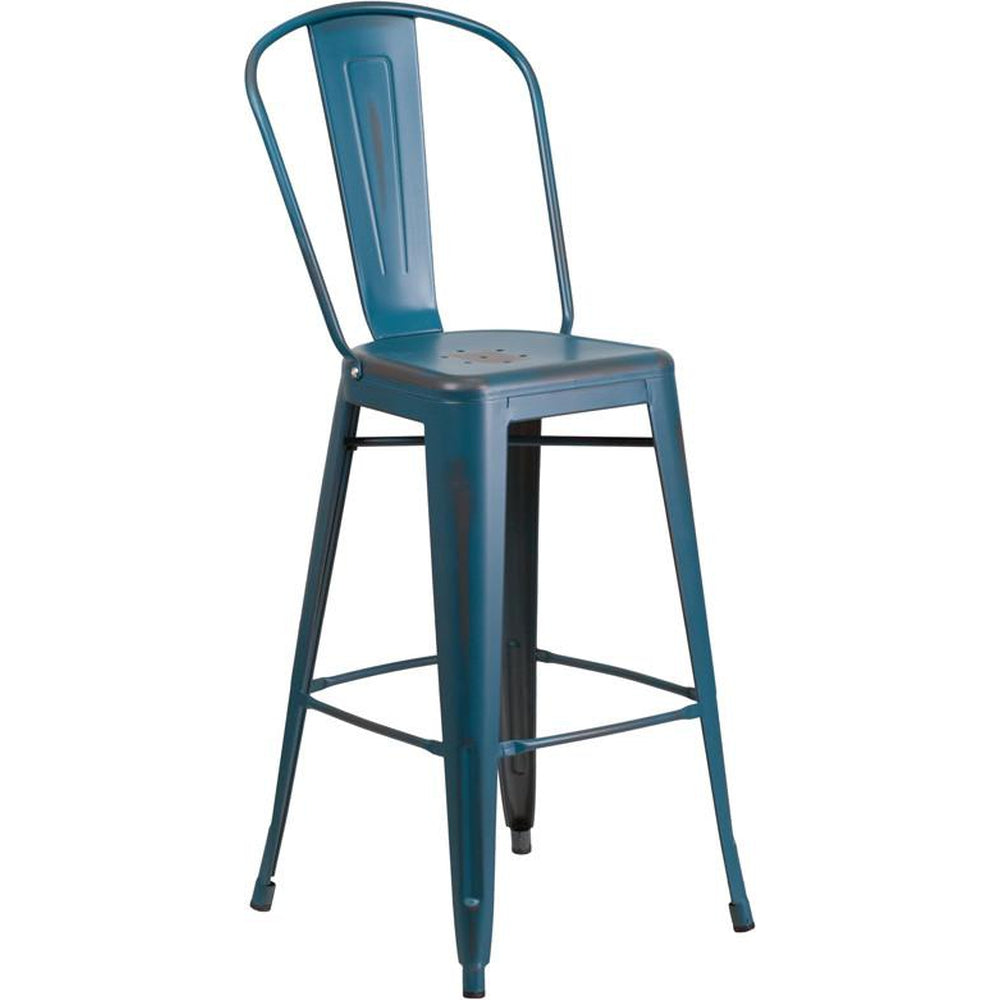 tolix style 30 high distressed yellow metal indoor outdoor barstool with back