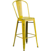 tolix style 30 high distressed yellow metal indoor outdoor barstool with back