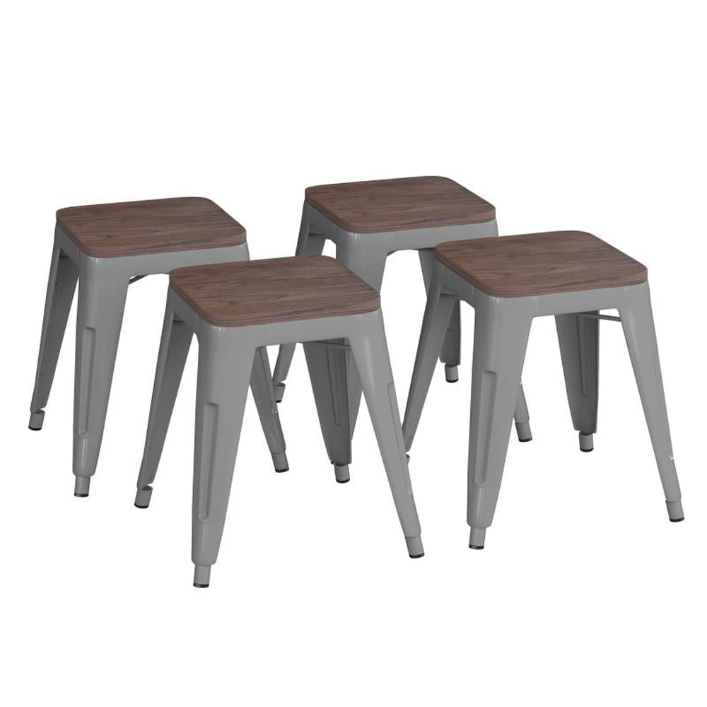 Kai 18" Dining Height Backless Metal Indoor Stackable Stool with Wooden Seat - Set of 4