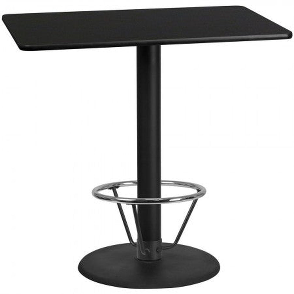 30inch x 48inch rectangular laminate table top with 24inch round bar height table base and foot ring