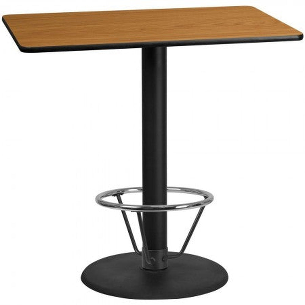 30inch x 48inch rectangular laminate table top with 24inch round bar height table base and foot ring