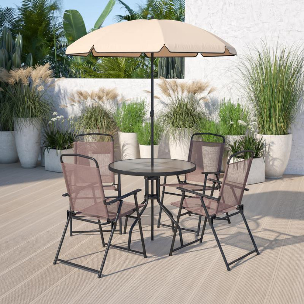 Nantucket 6 Piece Patio Garden Set with Umbrella Table and Set of 4 Folding Chairs