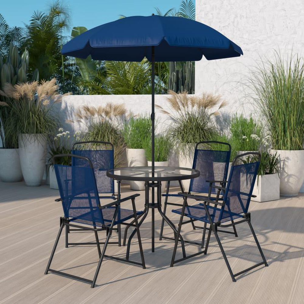 Nantucket 6 Piece Patio Garden Set with Umbrella Table and Set of 4 Folding Chairs