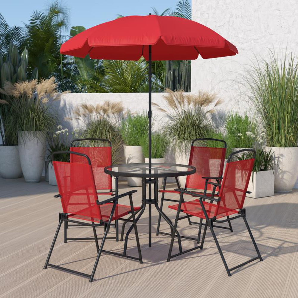 Nantucket 6 Piece Patio Garden Set with Umbrella Table and Set of 4 Folding Chairs