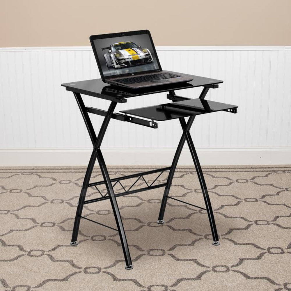 Norris Black Tempered Glass Computer Desk with Pull-Out Keyboard Tray