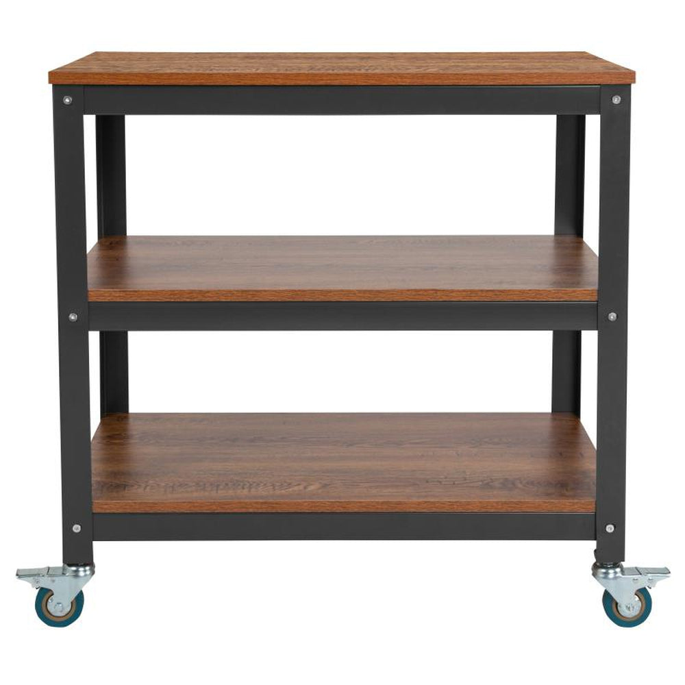 Livingston Collection 30"W Rolling Storage Cart with Metal Wheels in Brown Oak Wood Grain Finish