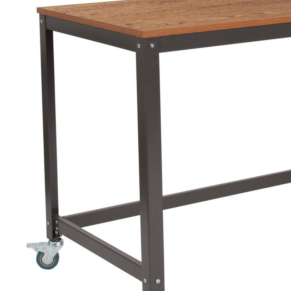 Livingston Collection Computer Table and Desk in Brown Oak Wood Grain Finish with Metal Wheels