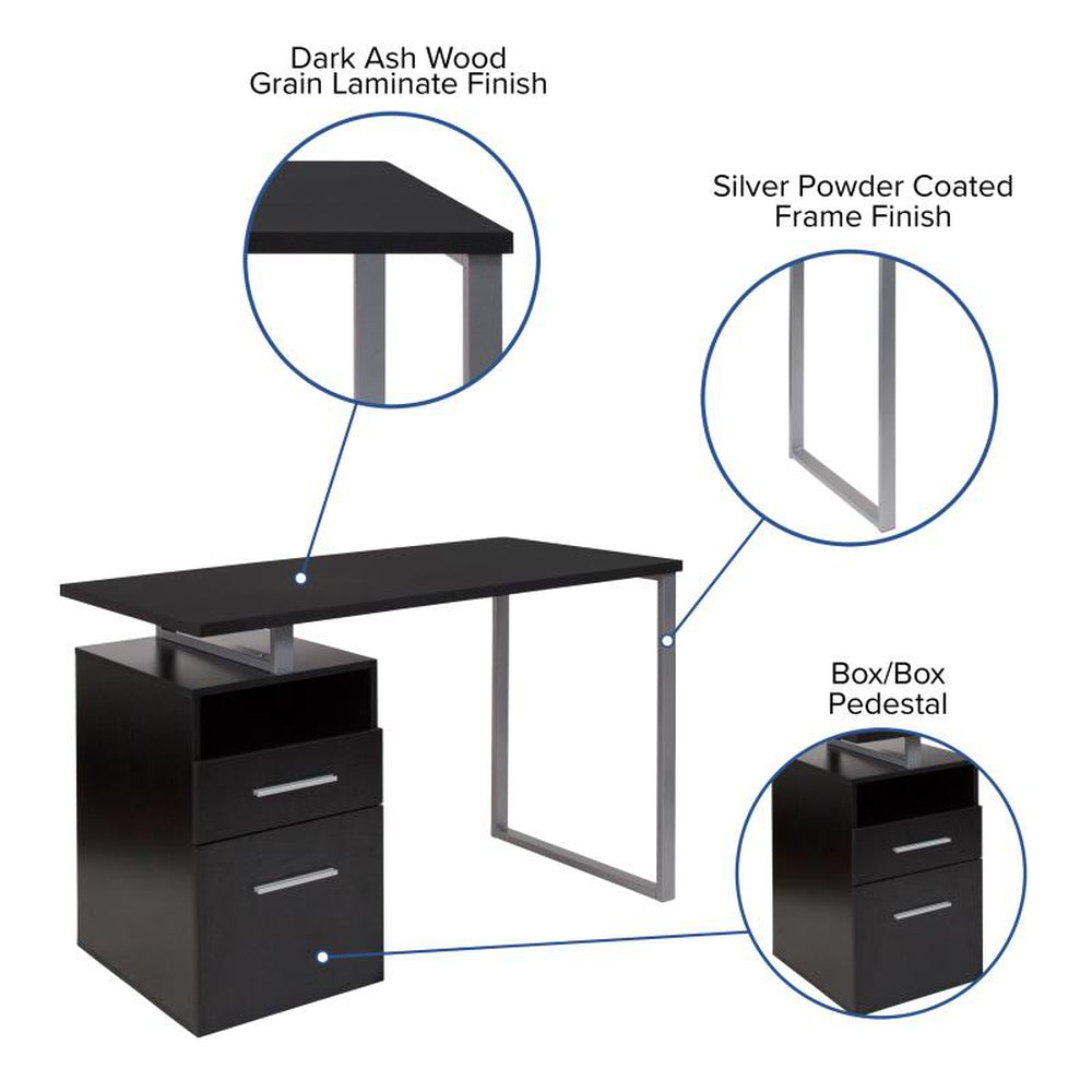 Harwood Ash Wood Grain Finish Computer Desk with Two Drawers and Silver Metal Frame