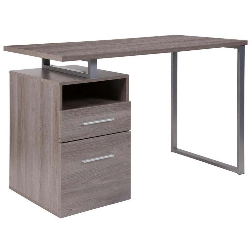 Harwood Ash Wood Grain Finish Computer Desk with Two Drawers and Silver Metal Frame