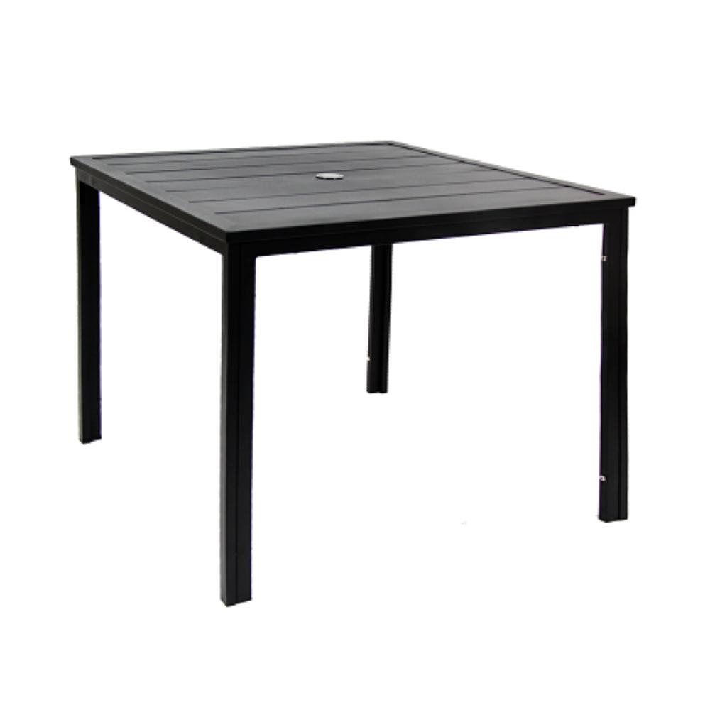 outdoor black metal table with 2 umbrella hole metal multi slat top