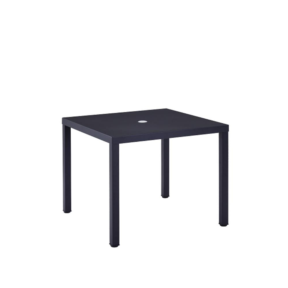 outdoor black metal table with 2 center umbrella hole