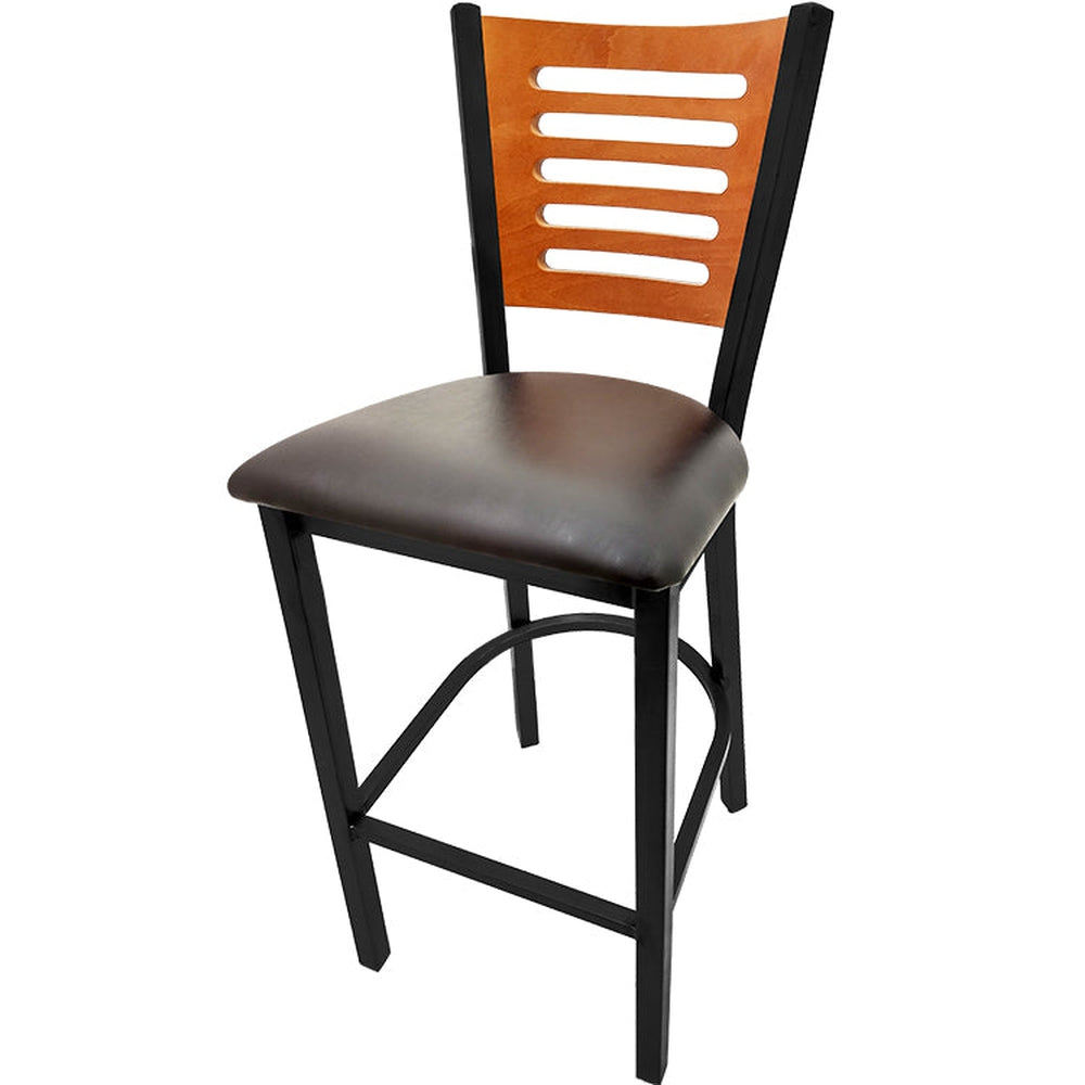 5 line wood back barstool with black frame