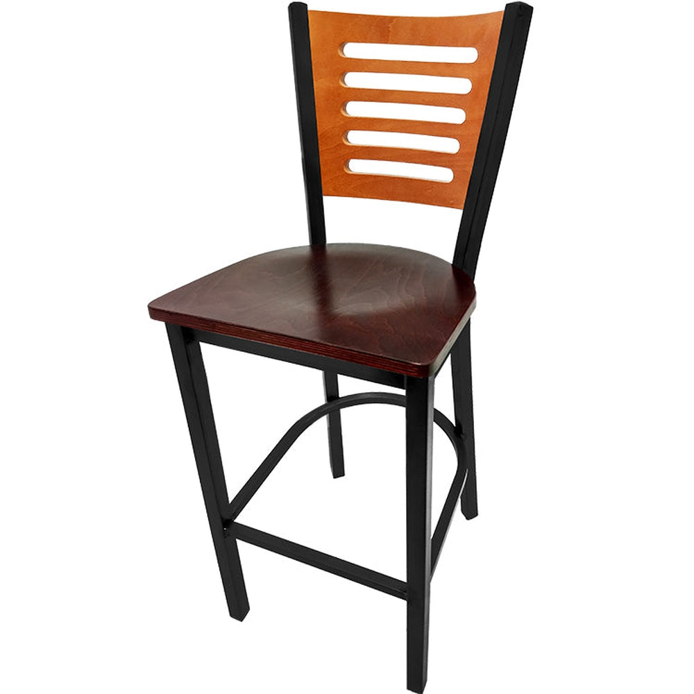 5 line wood back barstool with black frame