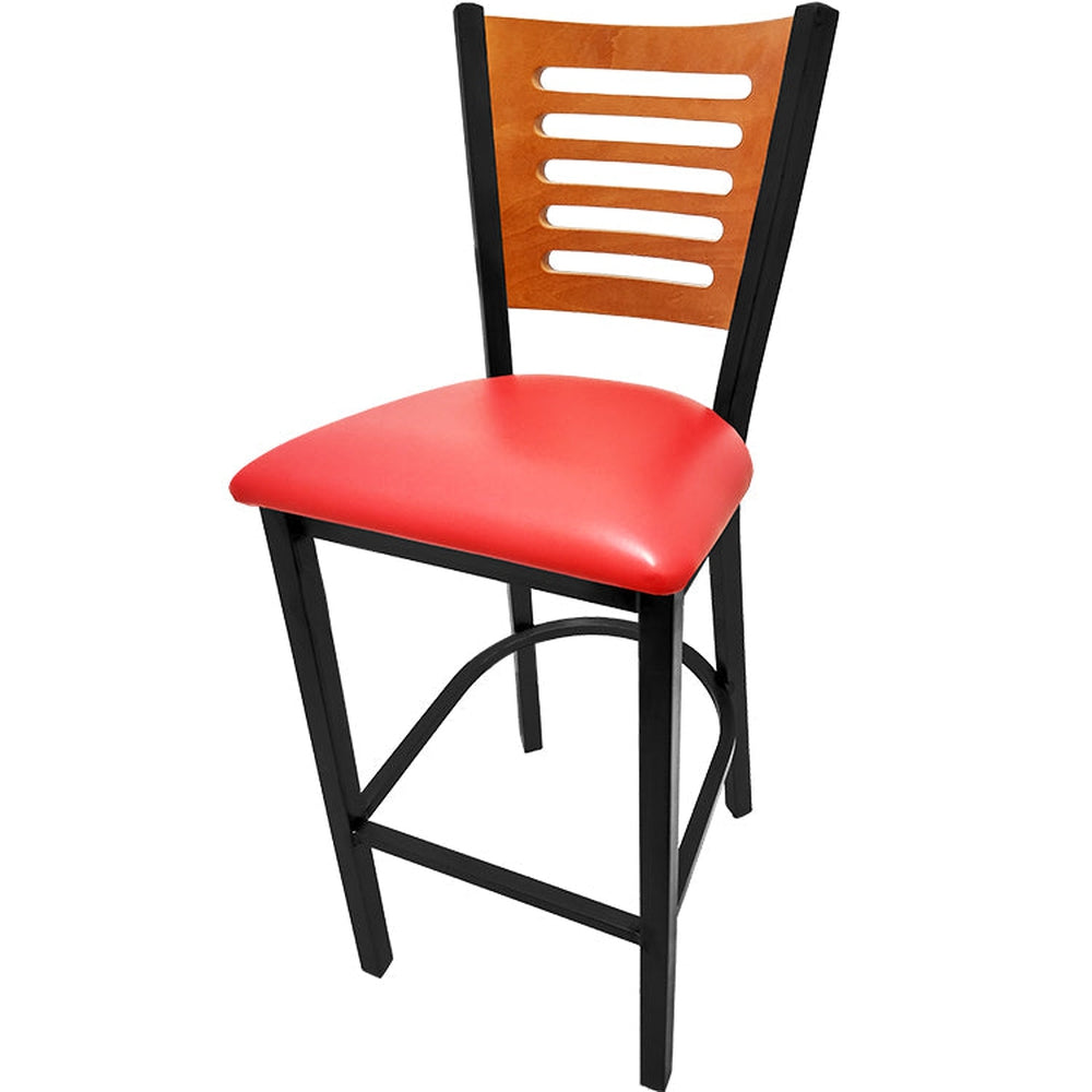 5 line wood back barstool with black frame